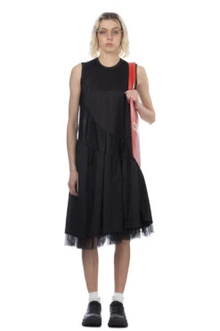 Honeycomb X Nylon Tulle Sleeveless Dress - Black