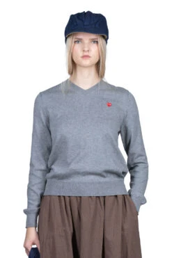 Comme Des Garçons Play Small Red Heart V-Neck Cotton Pullover - Grey