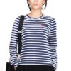 Comme Des Garçons Play Women's Double Heart Stripe Long Sleeve T-Shirt - Navy -ICHI Sales Shop Comme Des Garcons Play Womens Double Heart Stripe Long Sleeve T Shirt Navy AZ T227 051 1 01