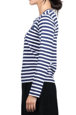 Comme Des Garçons Play Women's Double Heart Stripe Long Sleeve T-Shirt - Navy -ICHI Sales Shop Comme Des Garcons Play Womens Double Heart Stripe Long Sleeve T Shirt Navy AZ T227 051 1 03
