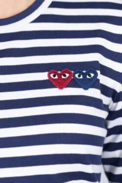 Comme Des Garçons Play Women's Double Heart Stripe Long Sleeve T-Shirt - Navy -ICHI Sales Shop Comme Des Garcons Play Womens Double Heart Stripe Long Sleeve T Shirt Navy AZ T227 051 1 05