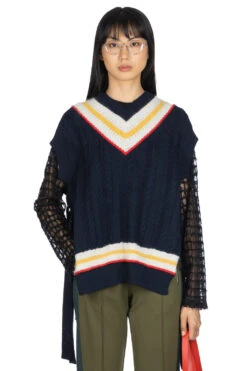 Poly Cotton Cable Pattern X Mohair Sweater Vest - Navy