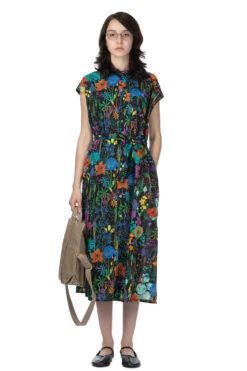 Banded Collar Dress - Black Cotton Floral Lawn