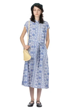 Banded Collar Dress - Blue X White CP Embroidery