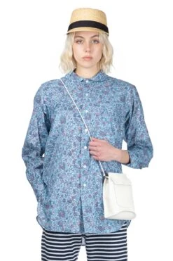 Rounded Collar Shirt - L. Blue Cotton Floral Lawn
