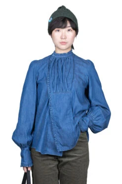 5.5oz Denim Frilled Stand Collar Retro Shirt