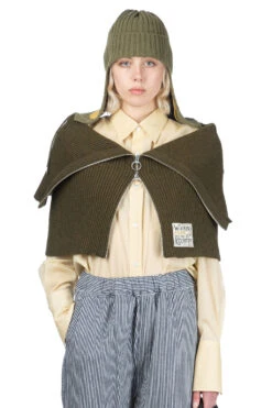 7G Rib Knit ZIP UP Cape - Khaki