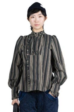 Cotton FABIO Stripe Frilled Stand Collar Retro Shirt - Green