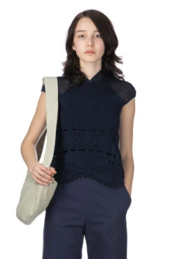 Cotton Lace Sleeveless Knitted Top - Navy