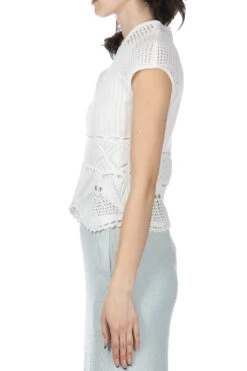 Cotton Lace Sleeveless Knitted Top - White -ICHI Sales Shop Mame Kurogouchi Cotton Lace Sleeveless Knitted Top White MM24SS KN063 WH noe 03