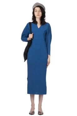 Milano Ribbed Deep V-Neck Dress - Blue