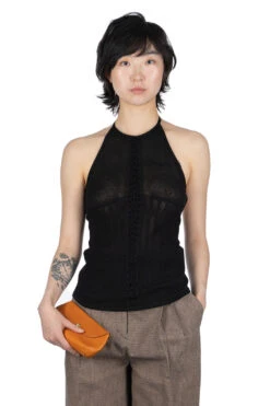 Openwork Lace-up Knitted Top - Black