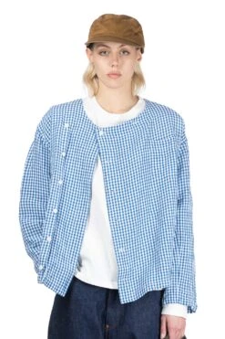 Off-center Collarless Shirt - Blue
